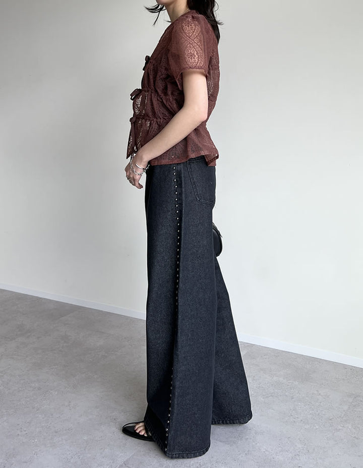 【TIME SALE 20%OFF ¥5,998⇒¥4,798】[2025 SUMMER COLLECTION][低身長/高身長サイズ有]サイドスタッズワイドデニムパンツ パンツ 人気レディースファッション通販 リエディ
