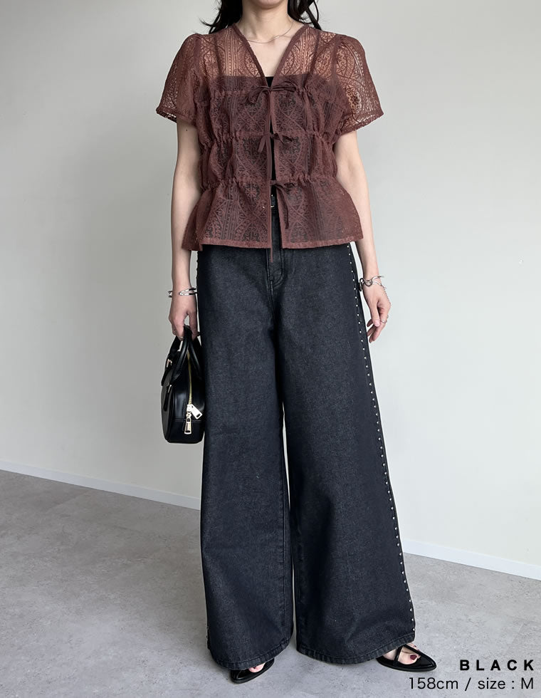 adidem asterisks スタッズ ブラックデニムパンツ 超美品 サイドスタッズワイドデニムパンツ - パンツ通販 | 人気レディース