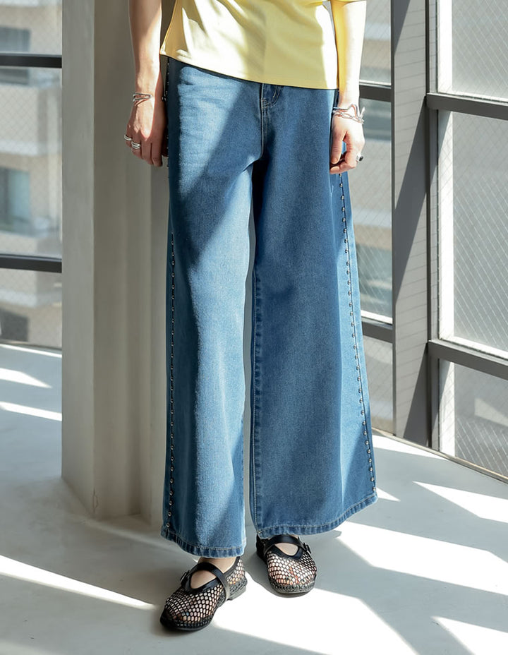 【TIME SALE 20%OFF ¥5,998⇒¥4,798】[2025 SUMMER COLLECTION][低身長/高身長サイズ有]サイドスタッズワイドデニムパンツ パンツ 人気レディースファッション通販 リエディ