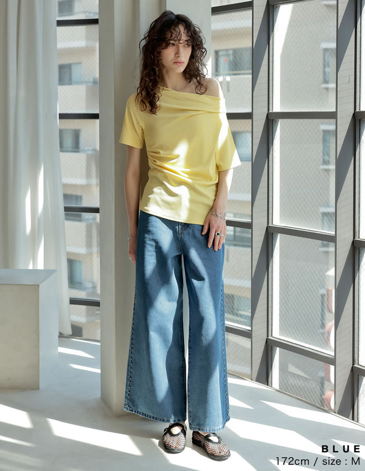 【TIME SALE 20%OFF ¥5,998⇒¥4,798】[2025 SUMMER COLLECTION][低身長/高身長サイズ有]サイドスタッズワイドデニムパンツ パンツ 人気レディースファッション通販 リエディ