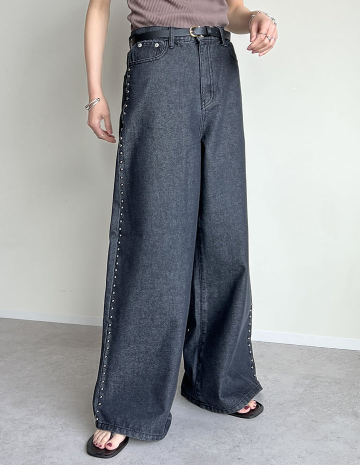 【TIME SALE 20%OFF ¥5,998⇒¥4,798】[2025 SUMMER COLLECTION][低身長/高身長サイズ有]サイドスタッズワイドデニムパンツ パンツ 人気レディースファッション通販 リエディ