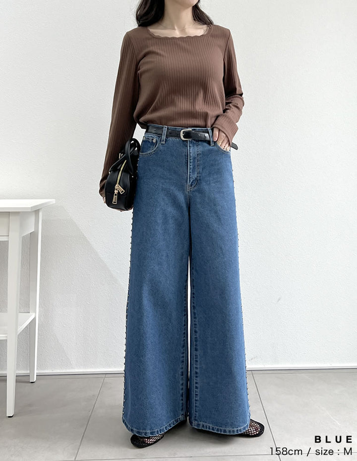 【TIME SALE 20%OFF ¥5,998⇒¥4,798】[2025 SUMMER COLLECTION][低身長/高身長サイズ有]サイドスタッズワイドデニムパンツ パンツ 人気レディースファッション通販 リエディ