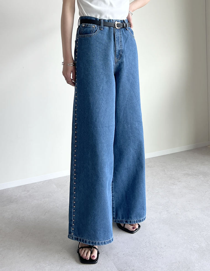 【TIME SALE 20%OFF ¥5,998⇒¥4,798】[2025 SUMMER COLLECTION][低身長/高身長サイズ有]サイドスタッズワイドデニムパンツ パンツ 人気レディースファッション通販 リエディ