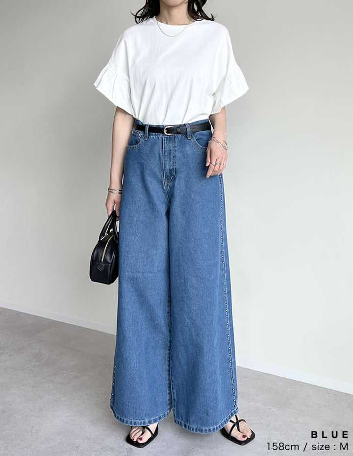 【TIME SALE 20%OFF ¥5,998⇒¥4,798】[2025 SUMMER COLLECTION][低身長/高身長サイズ有]サイドスタッズワイドデニムパンツ パンツ 人気レディースファッション通販 リエディ