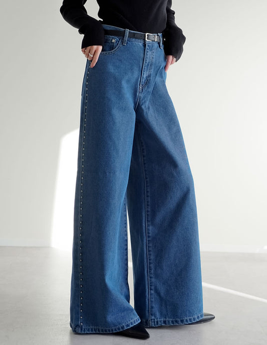 【TIME SALE 20%OFF】[低身長/高身長サイズ有]サイドスタッズワイドデニムパンツ