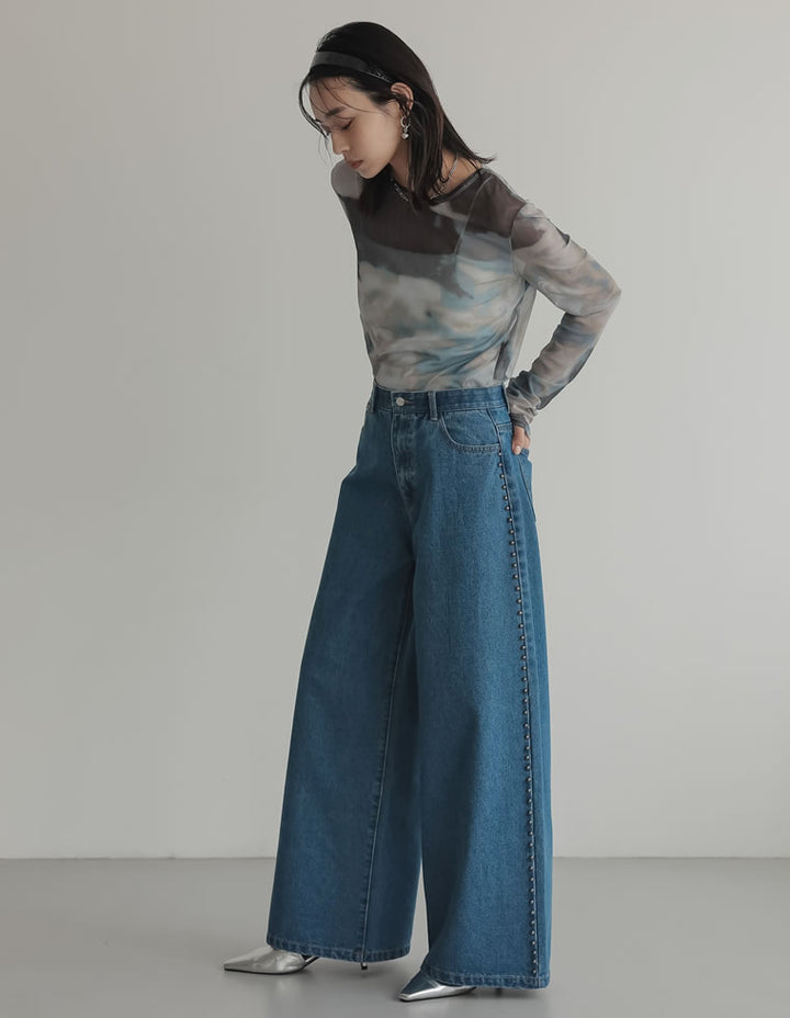 【TIME SALE 20%OFF ¥5,998⇒¥4,798】[2025 SUMMER COLLECTION][低身長/高身長サイズ有]サイドスタッズワイドデニムパンツ パンツ 人気レディースファッション通販 リエディ
