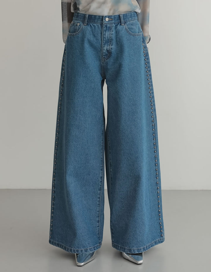 【TIME SALE 20%OFF ¥5,998⇒¥4,798】[2025 SUMMER COLLECTION][低身長/高身長サイズ有]サイドスタッズワイドデニムパンツ パンツ 人気レディースファッション通販 リエディ