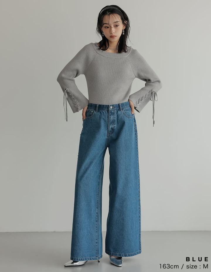 【TIME SALE 20%OFF ¥5,998⇒¥4,798】[2025 SUMMER COLLECTION][低身長/高身長サイズ有]サイドスタッズワイドデニムパンツ パンツ 人気レディースファッション通販 リエディ