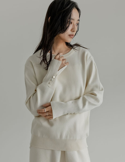 【TIME SALE 10%OFF】綿タッチ袖ボタンスウェットライクニットトップス トップス 人気レディースファッション通販 リエディ