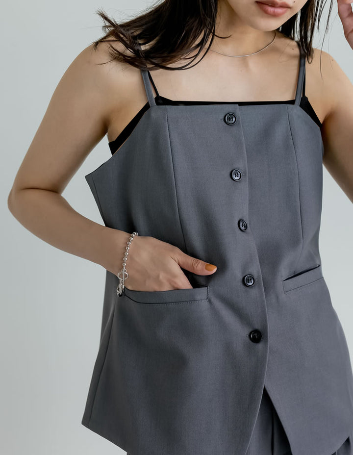 【TIME SALE 10%OFF ¥3,979⇒¥3,581】[新色追加][オケージョン セレモニー]ストレッチミックスツイルフロントボタンキャミソールペプラムビスチェ[mb] トップス 人気レディースファッション通販 リエディ