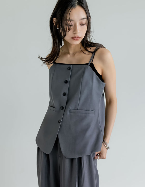 《期間限定！2BUY15%OFFクーポン対象》【SUMMER TIMESALE 10%OFF ¥3,979⇒¥3,581】[新色追加][オケージョン セレモニー]ストレッチミックスツイルフロントボタンキャミソールペプラムビスチェ[mb]