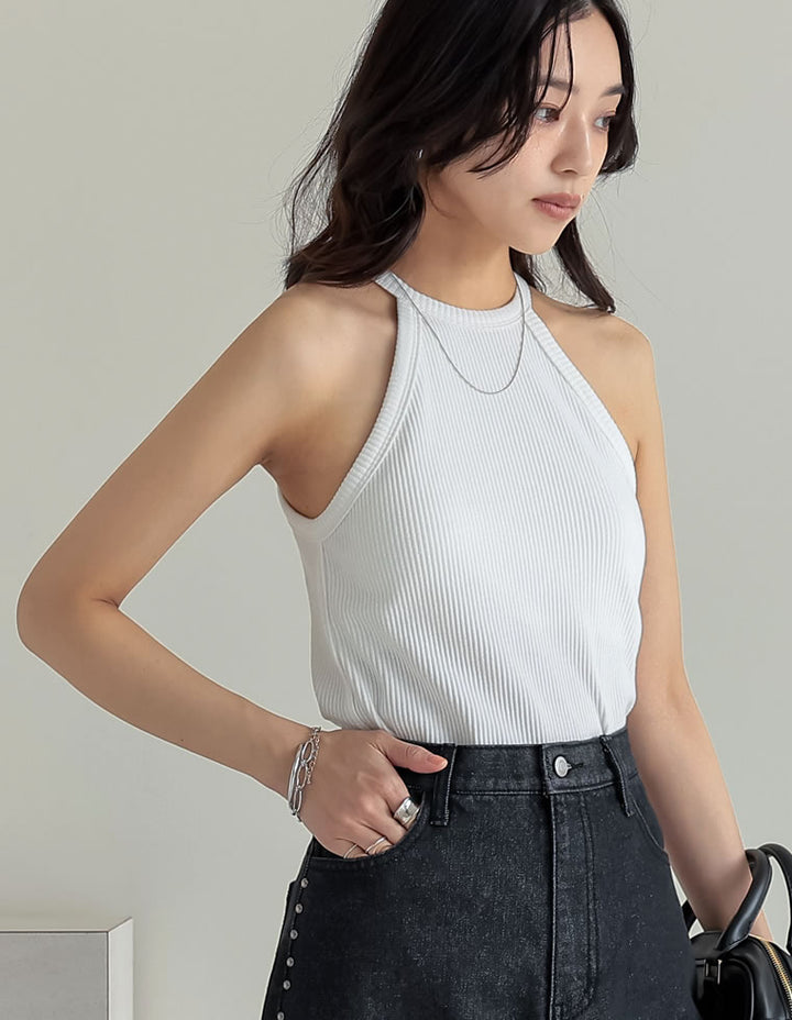 【TIME SALE 35%OFF ¥2,998⇒¥1,948】[2025 SUMMER COLLECTION]テレコリブホルターネックカップ付きタンクトップ[返品交換不可][mb] トップス 人気レディースファッション通販 リエディ