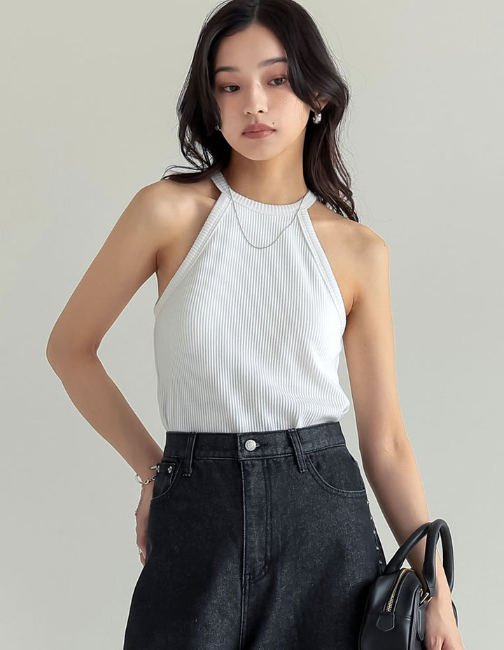 【TIME SALE 35%OFF ¥2,998⇒¥1,948】[2025 SUMMER COLLECTION]テレコリブホルターネックカップ付きタンクトップ[返品交換不可][mb] トップス 人気レディースファッション通販 リエディ