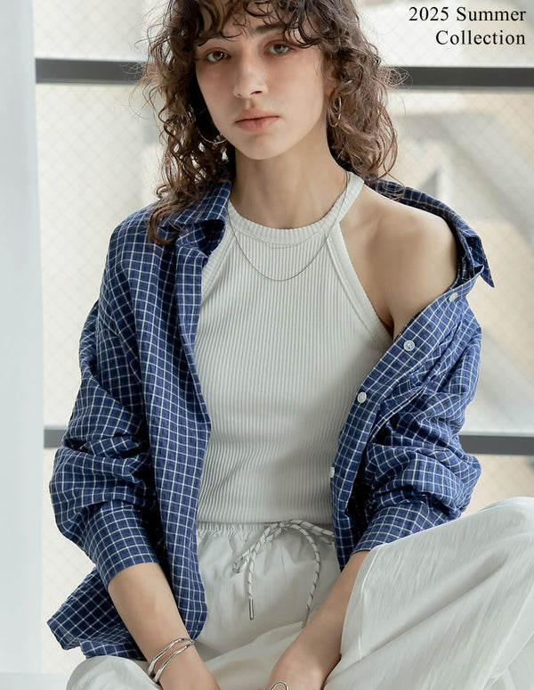 【限定TIME SALE  15%OFF ¥2,998⇒¥2,548】[2025 SUMMER COLLECTION]テレコリブホルターネックカップ付きタンクトップ[返品交換不可]