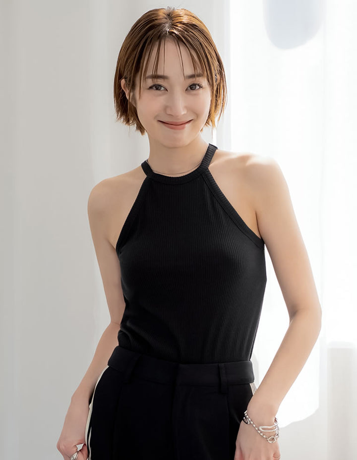 【TIME SALE 35%OFF ¥2,998⇒¥1,948】[2025 SUMMER COLLECTION]テレコリブホルターネックカップ付きタンクトップ[返品交換不可][mb] トップス 人気レディースファッション通販 リエディ