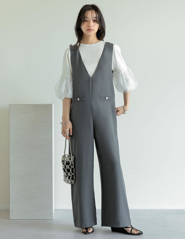 【限定TIME SALE 20%OFF ¥5,998⇒¥4,798】[2025SS COLLECTION][低身長/高身長サイズ有]深Ｖネック金ボタンオールインワン