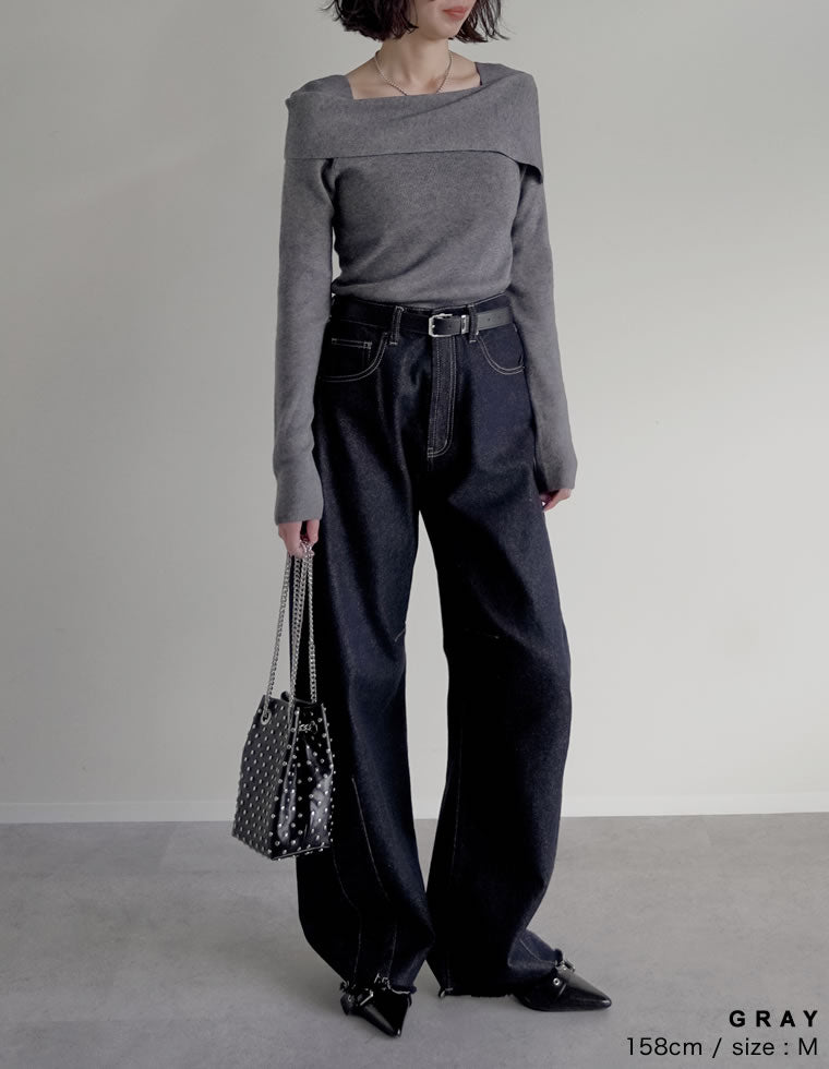 Andequal グリッターリブニット オフショルダー アシメオフショルダーリブニットトップス - トップス通販 | 人気