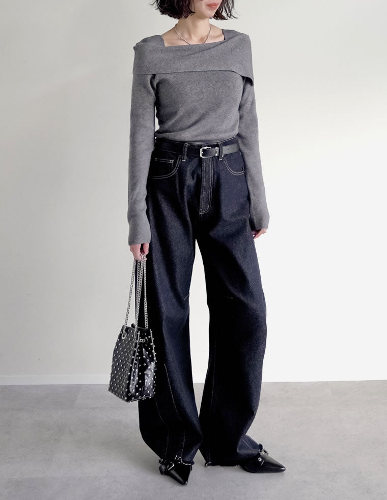 アシメオフショルダーリブニットトップス - トップス通販 | 人気