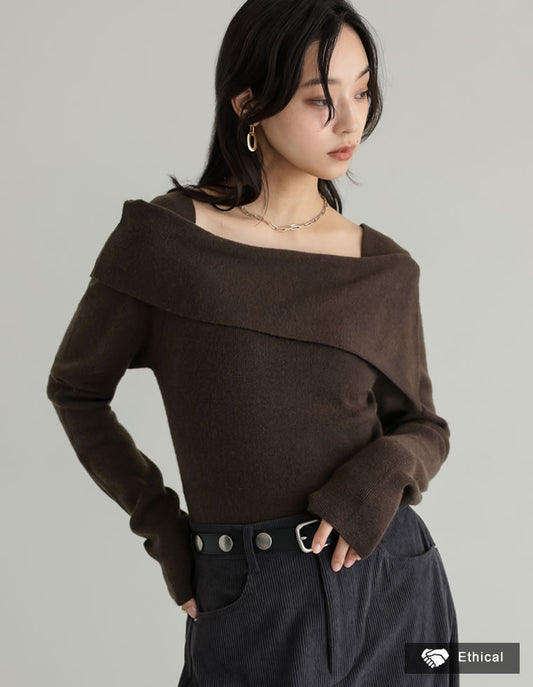 【TIME SALE 15%OFF】[新色追加][ブラ紐隠し]アシンメトリーオフショルダーリブニットトップス