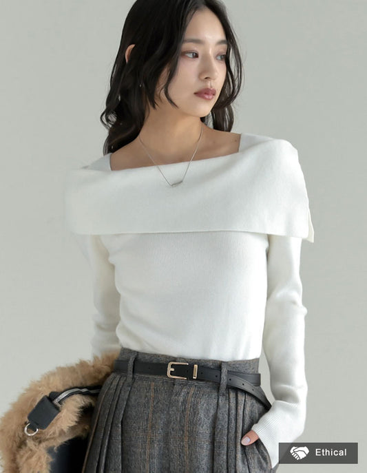 【TIME SALE 15%OFF】[新色追加][ブラ紐隠し]アシンメトリーオフショルダーリブニットトップス