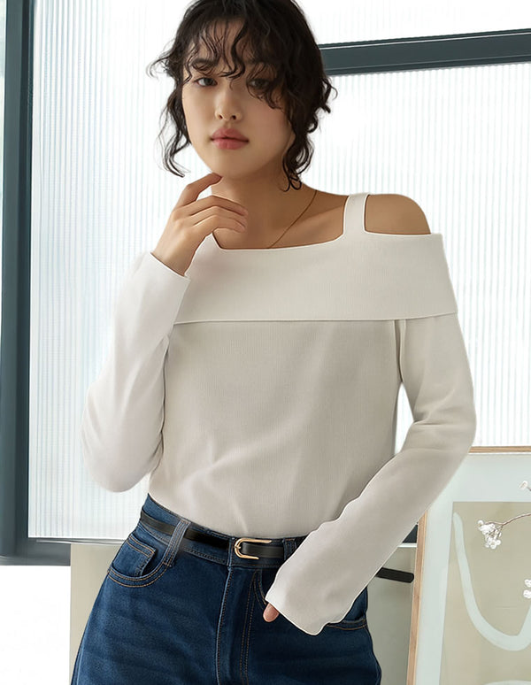 《期間限定！2BUY15%OFFクーポン対象》リブカットソーストラップアシンメトリートップス