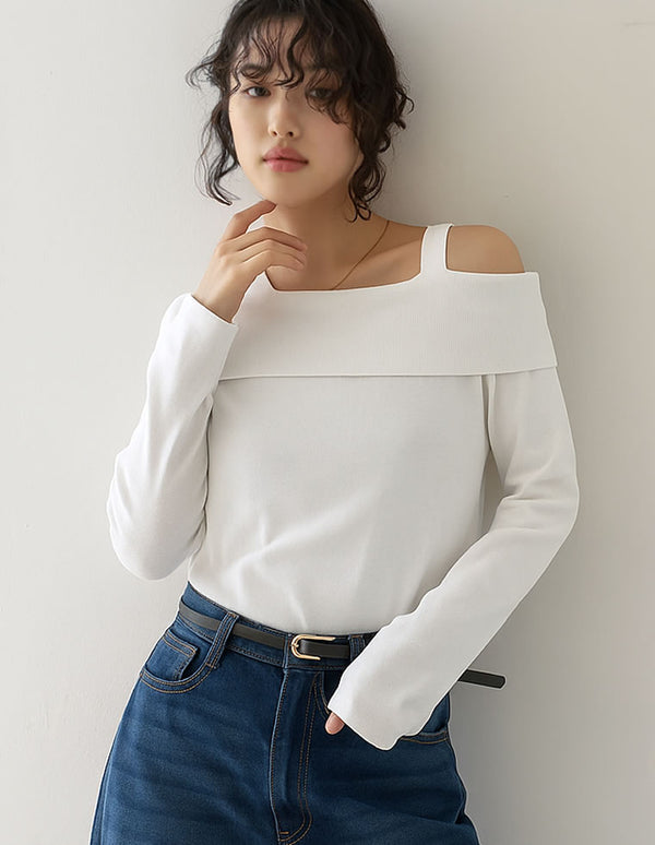 リブカットソーストラップアシンメトリートップス