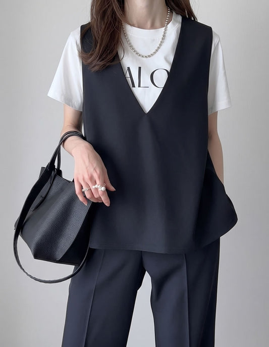 【TIME SALE 15%OFF】[mau×Re:EDIT][mauコラボ]ストレッチミックスツイルVネックベスト トップス 人気レディースファッション通販 リエディ
