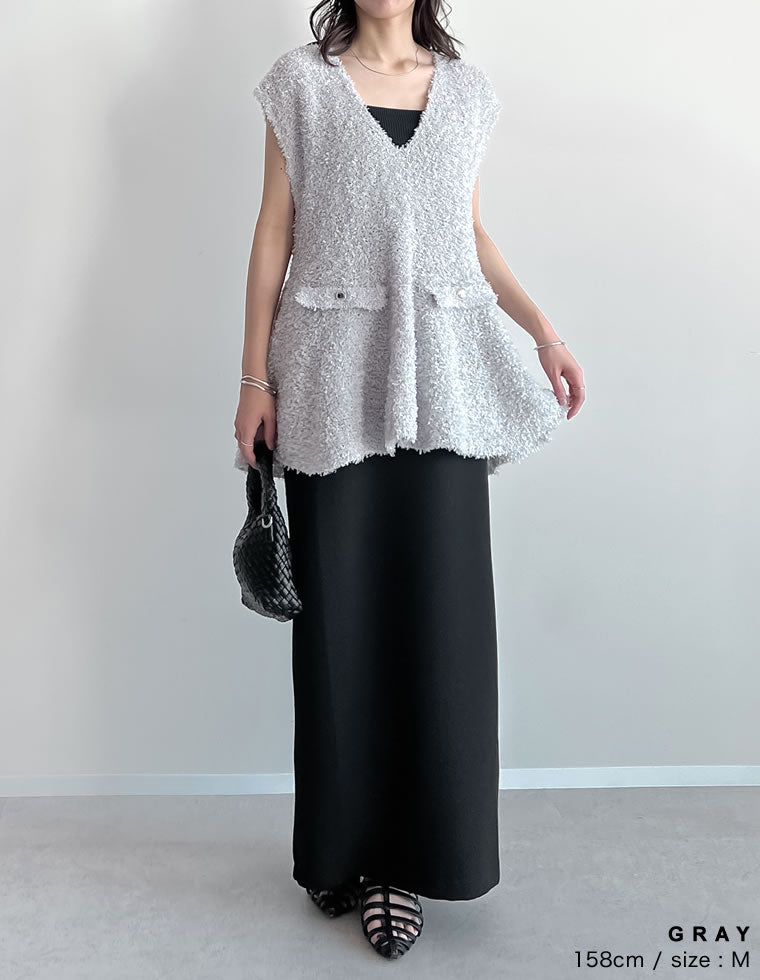 リボンヤーンVネックペプラムニットベスト - トップス通販 | 人気