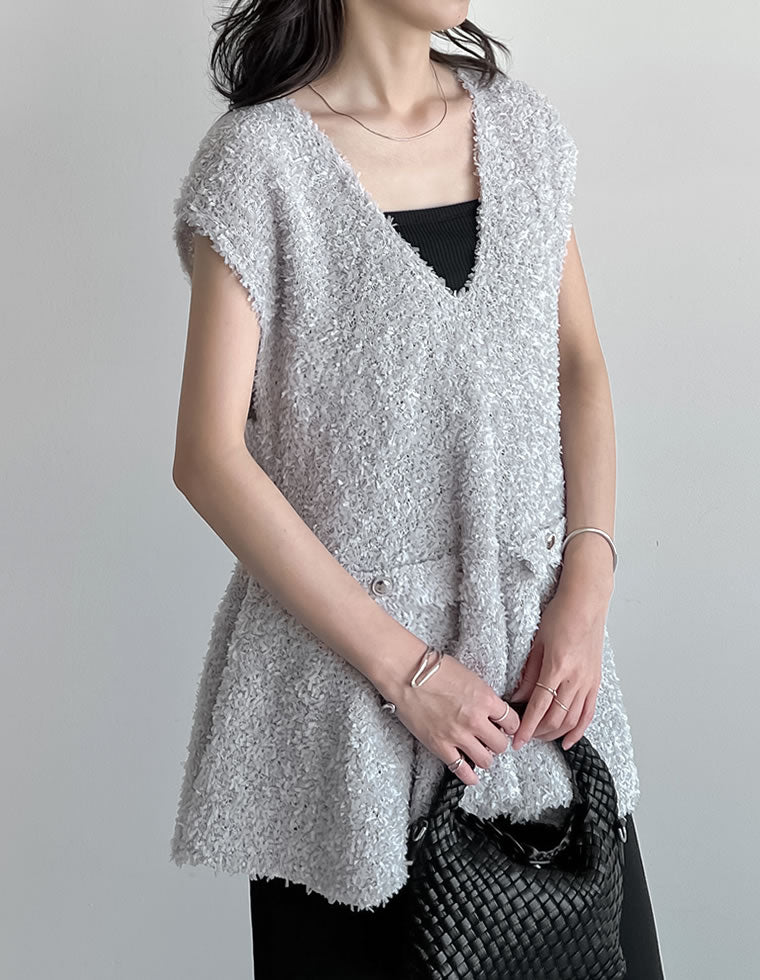 リボンヤーンVネックペプラムニットベスト - トップス通販 | 人気