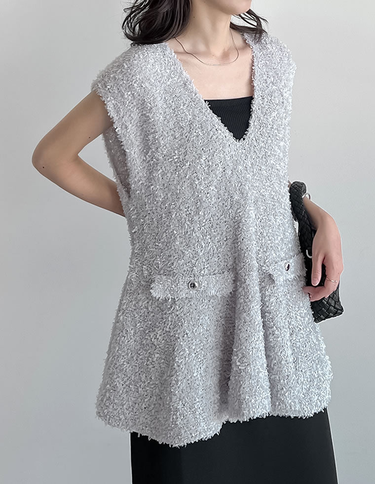 リボンヤーンVネックペプラムニットベスト - トップス通販 | 人気