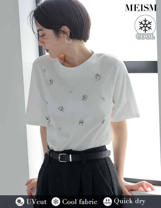 【TIME SALE 15%OFF】[MEISM by Re:EDIT][UVカット][接触冷感][吸水][速乾]スムースコットンビジューデザインTシャツ