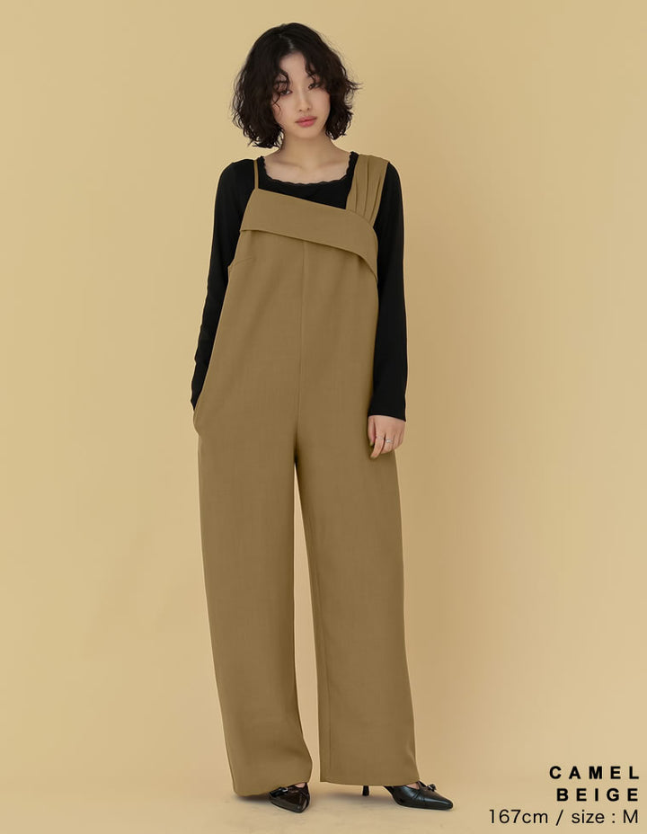 【TIME SALE 20%OFF ¥4,998⇒¥3,998】[2025SS COLLECTION][オケージョン セレモニー][低身長/高身長サイズ有]ストレッチミックスツイルアシンメトリーデザインオールインワン オールインワン 人気レディースファッション通販 リエディ