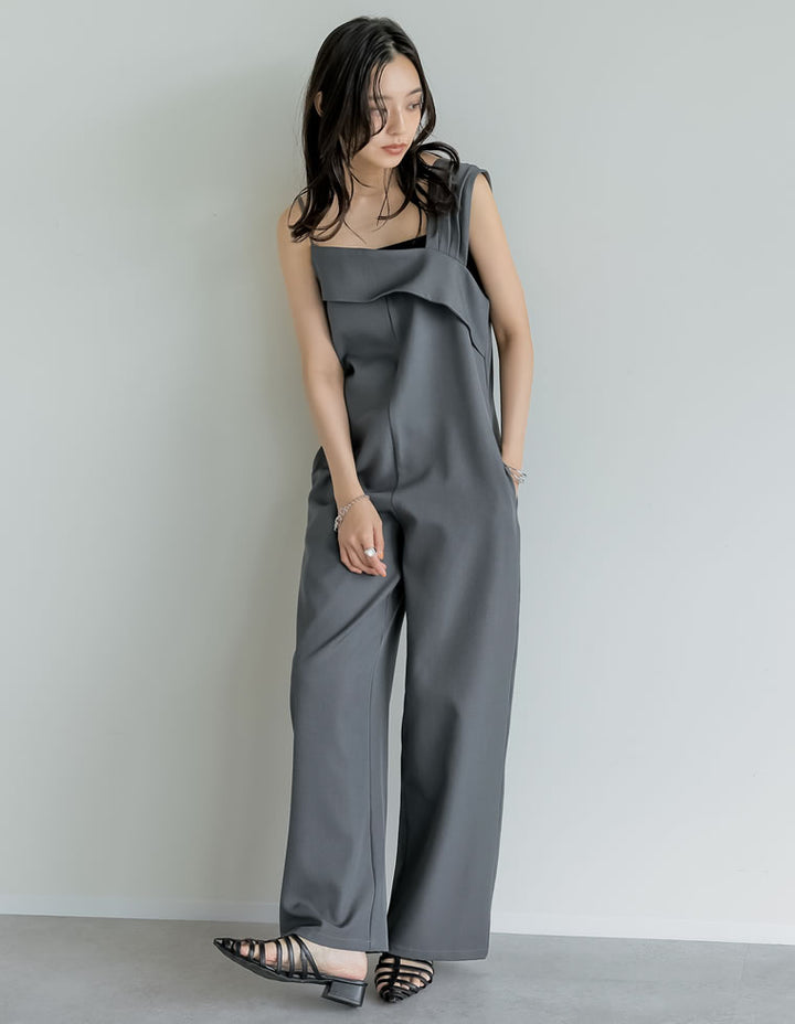 【TIME SALE 20%OFF ¥4,998⇒¥3,998】[2025SS COLLECTION][オケージョン セレモニー][低身長/高身長サイズ有]ストレッチミックスツイルアシンメトリーデザインオールインワン オールインワン 人気レディースファッション通販 リエディ