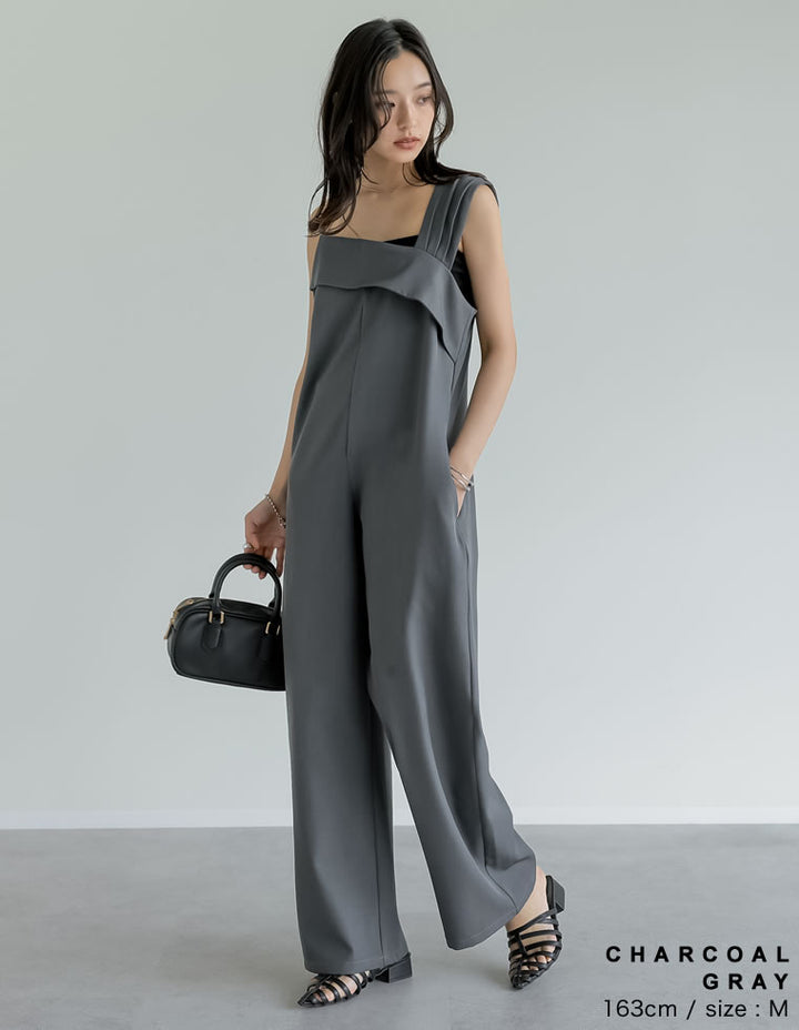 【TIME SALE 20%OFF ¥4,998⇒¥3,998】[2025SS COLLECTION][オケージョン セレモニー][低身長/高身長サイズ有]ストレッチミックスツイルアシンメトリーデザインオールインワン オールインワン 人気レディースファッション通販 リエディ