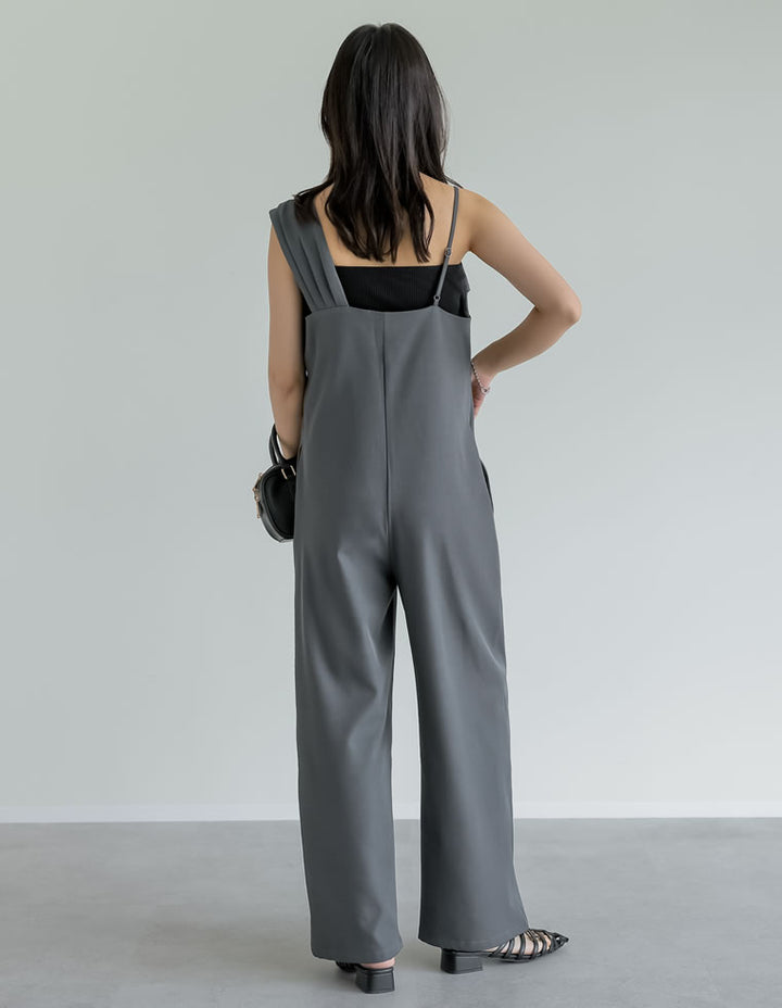 【TIME SALE 20%OFF ¥4,998⇒¥3,998】[2025SS COLLECTION][オケージョン セレモニー][低身長/高身長サイズ有]ストレッチミックスツイルアシンメトリーデザインオールインワン オールインワン 人気レディースファッション通販 リエディ