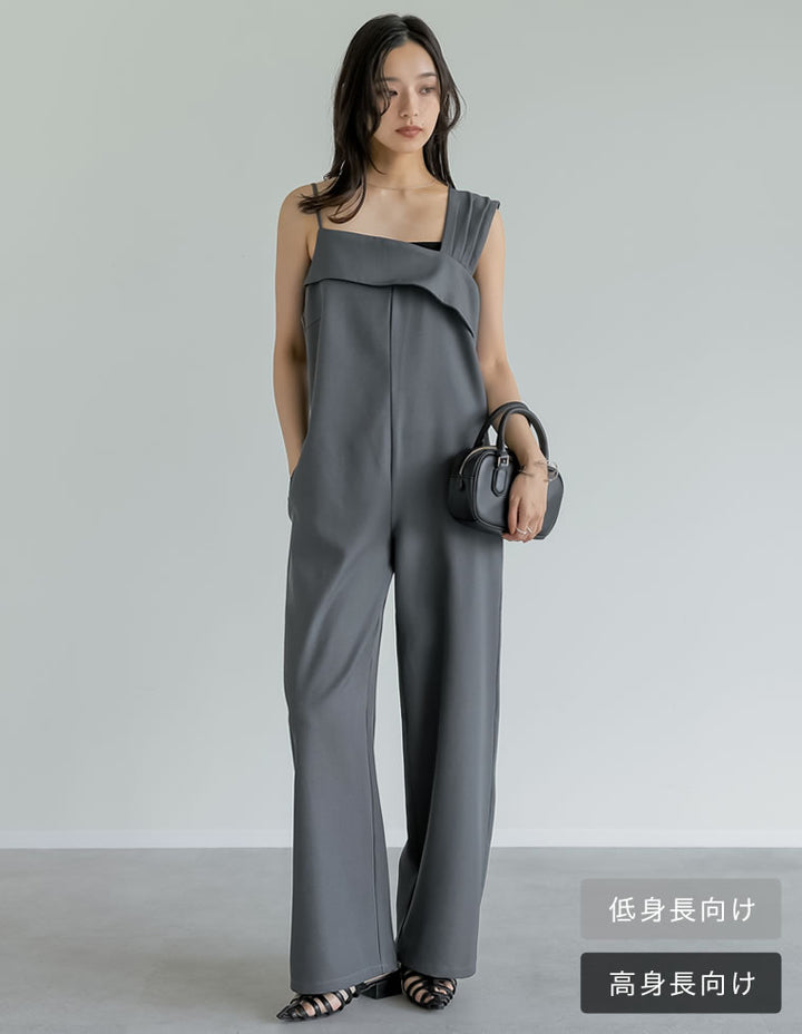 【TIME SALE 20%OFF ¥4,998⇒¥3,998】[2025SS COLLECTION][オケージョン セレモニー][低身長/高身長サイズ有]ストレッチミックスツイルアシンメトリーデザインオールインワン オールインワン 人気レディースファッション通販 リエディ