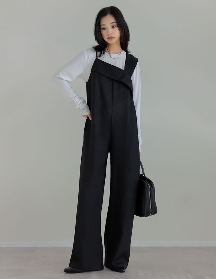 【TIME SALE 20%OFF ¥4,998⇒¥3,998】[2025SS COLLECTION][オケージョン セレモニー][低身長/高身長サイズ有]ストレッチミックスツイルアシンメトリーデザインオールインワン オールインワン 人気レディースファッション通販 リエディ