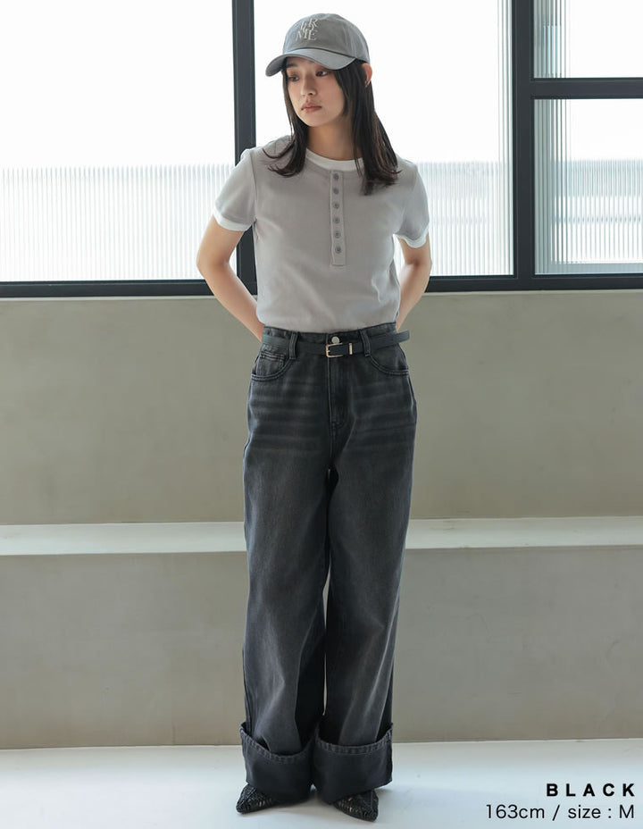 【TIME SALE 10%OFF ¥4,998⇒¥4,498】[2025 SUMMER COLLECTION][低身長/高身長サイズ有][すっきり見え]コットンロールアップワイドデニムパンツ パンツ 人気レディースファッション通販 リエディ
