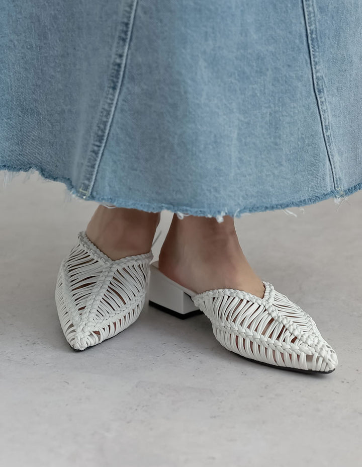 【TIME SALE 20%OFF ¥5,998⇒¥4,798】[2025 SUMMER COLLECTION][大きいサイズ有]フェイクレザーメッシュポインテッドトゥローヒールサンダル シューズ 人気レディースファッション通販 リエディ