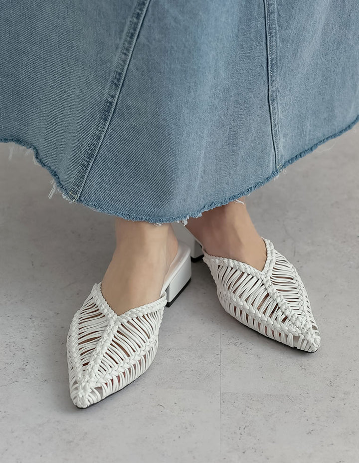 【TIME SALE 20%OFF ¥5,998⇒¥4,798】[2025 SUMMER COLLECTION][大きいサイズ有]フェイクレザーメッシュポインテッドトゥローヒールサンダル シューズ 人気レディースファッション通販 リエディ