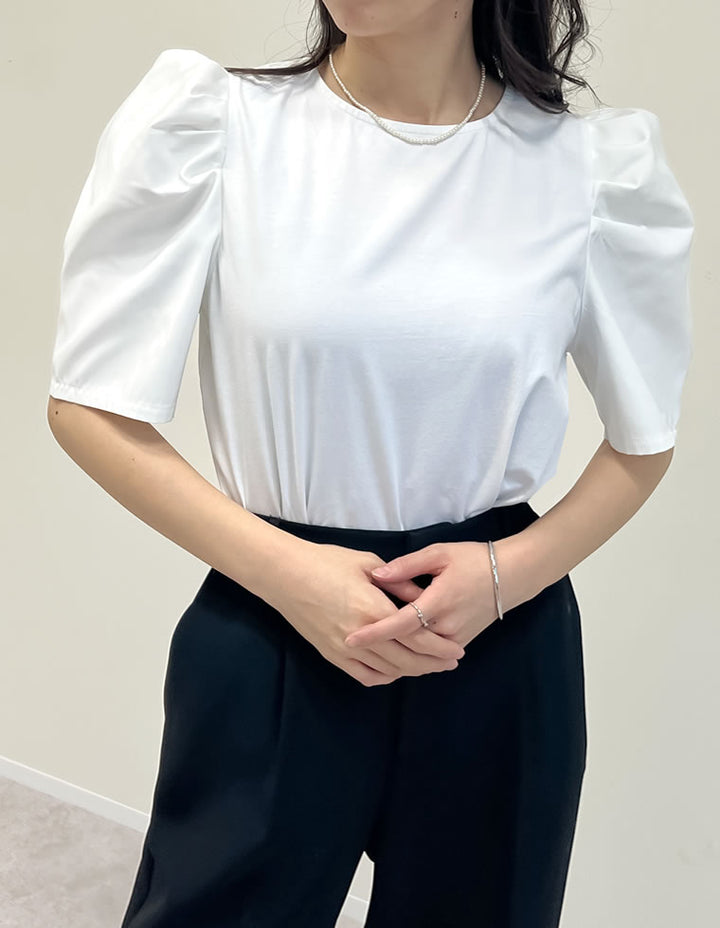 異素材切り替えタックパフ袖Tシャツ トップス 人気レディースファッション通販 リエディ