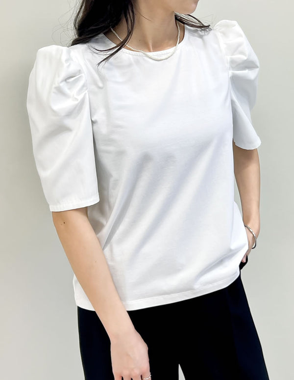 《期間限定！2BUY15%OFFクーポン対象》【SUMMER TIMESALE 20%OFF ¥3,747⇒¥2,997】異素材切り替えタックパフ袖Tシャツ