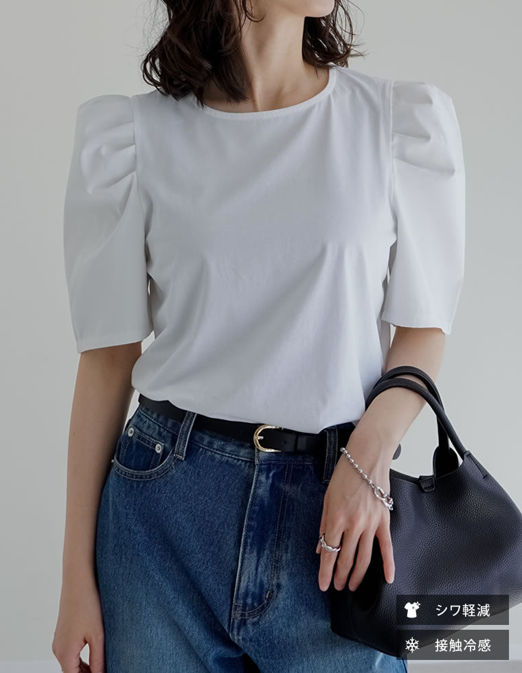 新品未使用 タグ付き 異素材 スリーブ Tシャツ パフスリーブTシャツ 異素材切り替えタックパフ袖Tシャツ - トップス通販 | 人気レディース