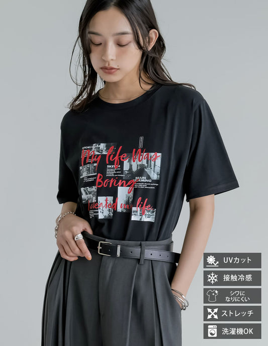 【TIME SALE 25%OFF ¥2,498⇒¥1,873】[UVカット][接触冷感][紫外線対策]コラージュフォトロゴTシャツ[mb] トップス 人気レディースファッション通販 リエディ