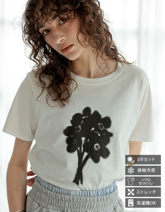 《今だけ！2BUY15%OFFクーポン対象》[2025 SUMMER COLLECTION][UVカット][接触冷感][紫外線対策]選べるドローイングフラワーTシャツ[mb]
