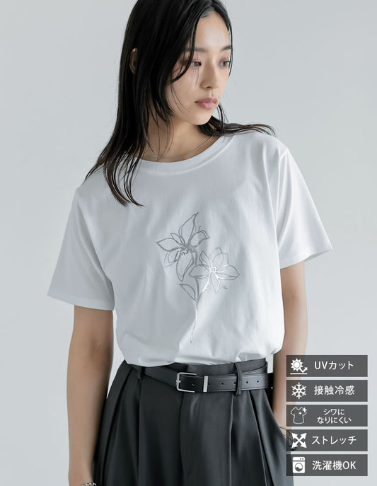 【TIME SALE 25%OFF ¥2,498⇒¥1,873】[華奢見えが叶う][2025 SUMMER COLLECTION][UVカット][接触冷感][紫外線対策]選べるドローイングフラワーTシャツ[mb] トップス 人気レディースファッション通販 リエディ