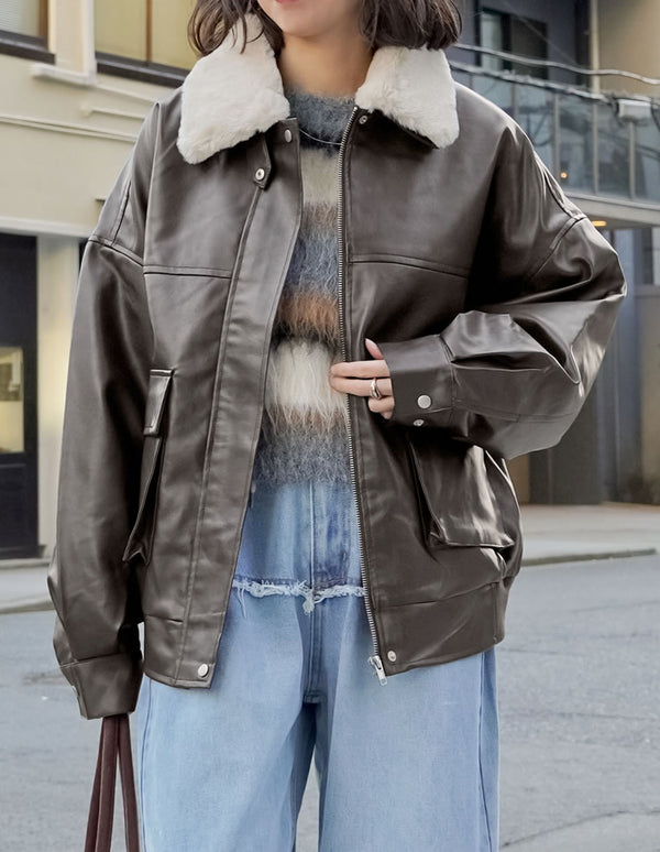 [2WAY]フェイクレザーティペット付きブルゾン