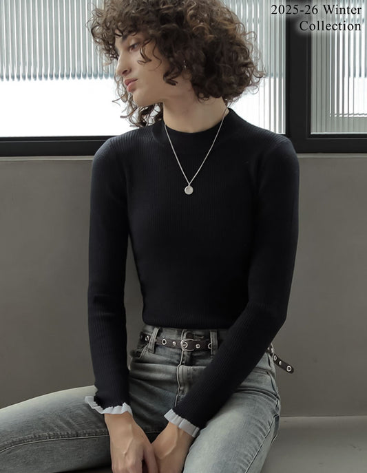 【PRE ORDER 20%OFF対象】[2025 WINTER PRE ORDER]シアー配色フリルリブニットトップス