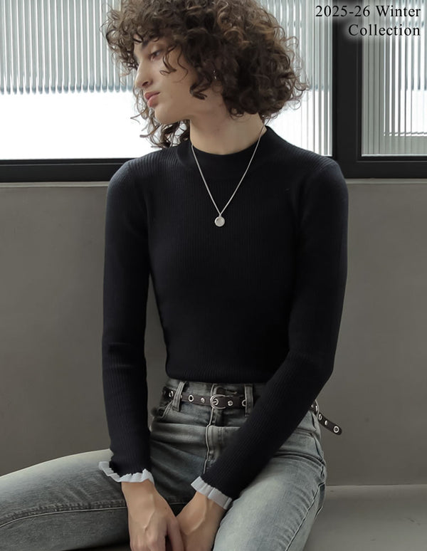 [2025 WINTER PRE ORDER]シアー配色フリルリブニットトップス