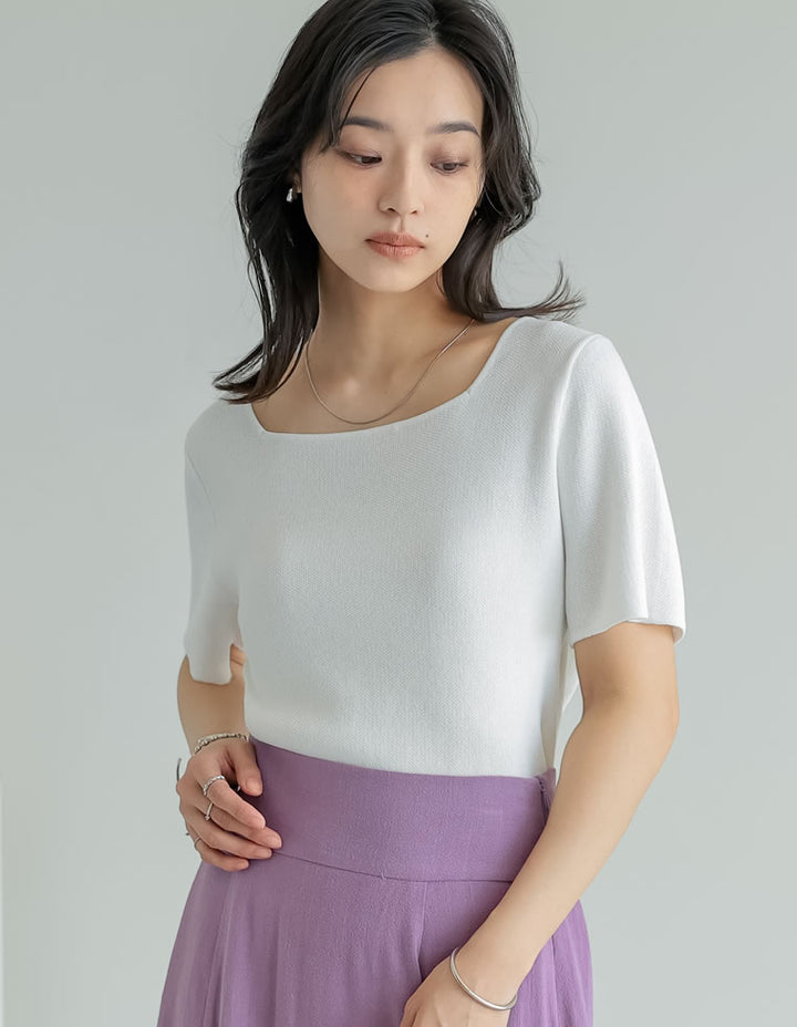 【TIME SALE 30%OFF ¥3,747⇒¥2,622】[涼感]スクエアネックレーヨンナイロンニットトップス トップス 人気レディースファッション通販 リエディ